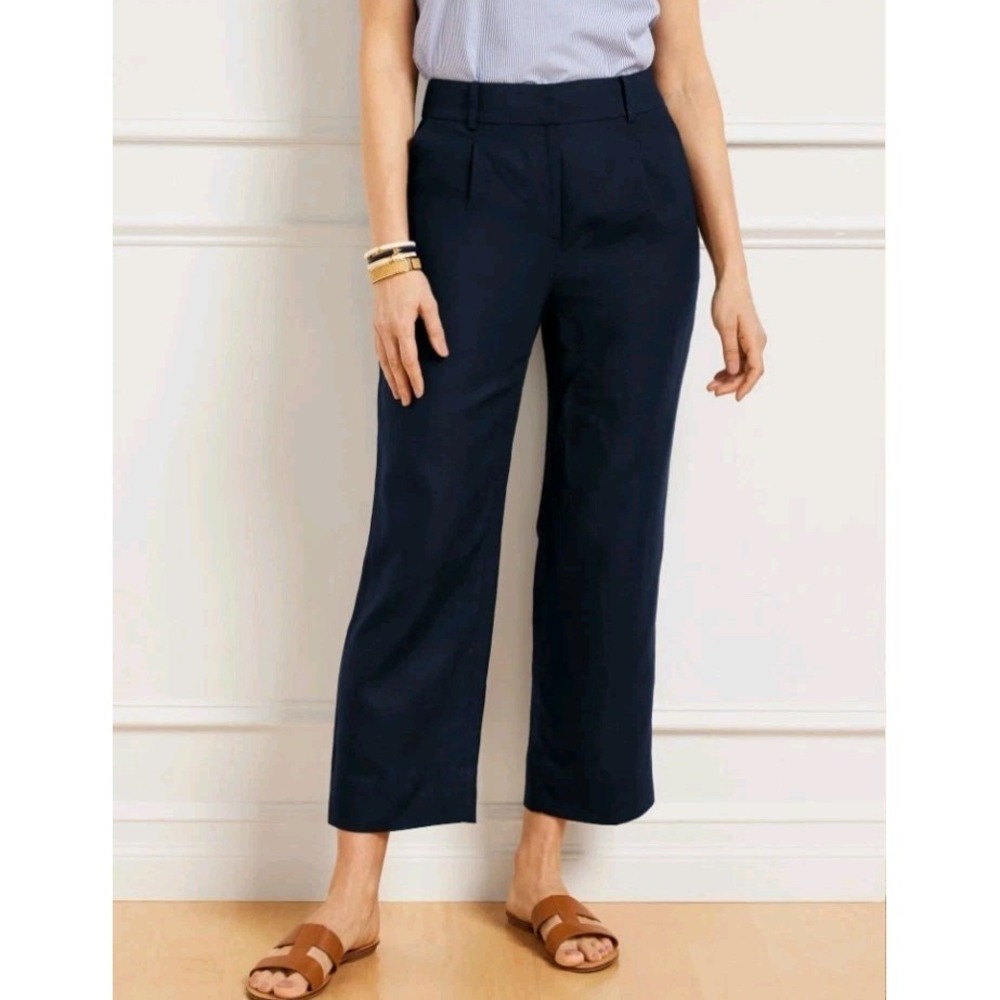 Talbots Bristol Crop Pants Navy Blue Womens 14 Linen Minimalist Career Summer